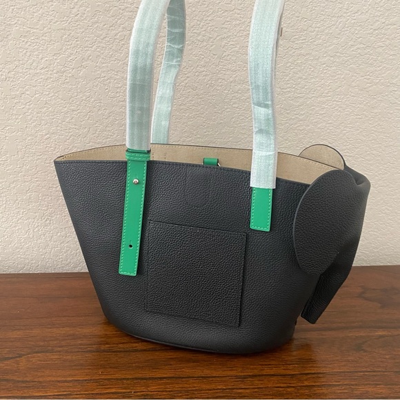 Cute Black Green Elephant Colorblock Basket Tote w/ Crossbody Strap Contrast S14 - Picture 6 of 16